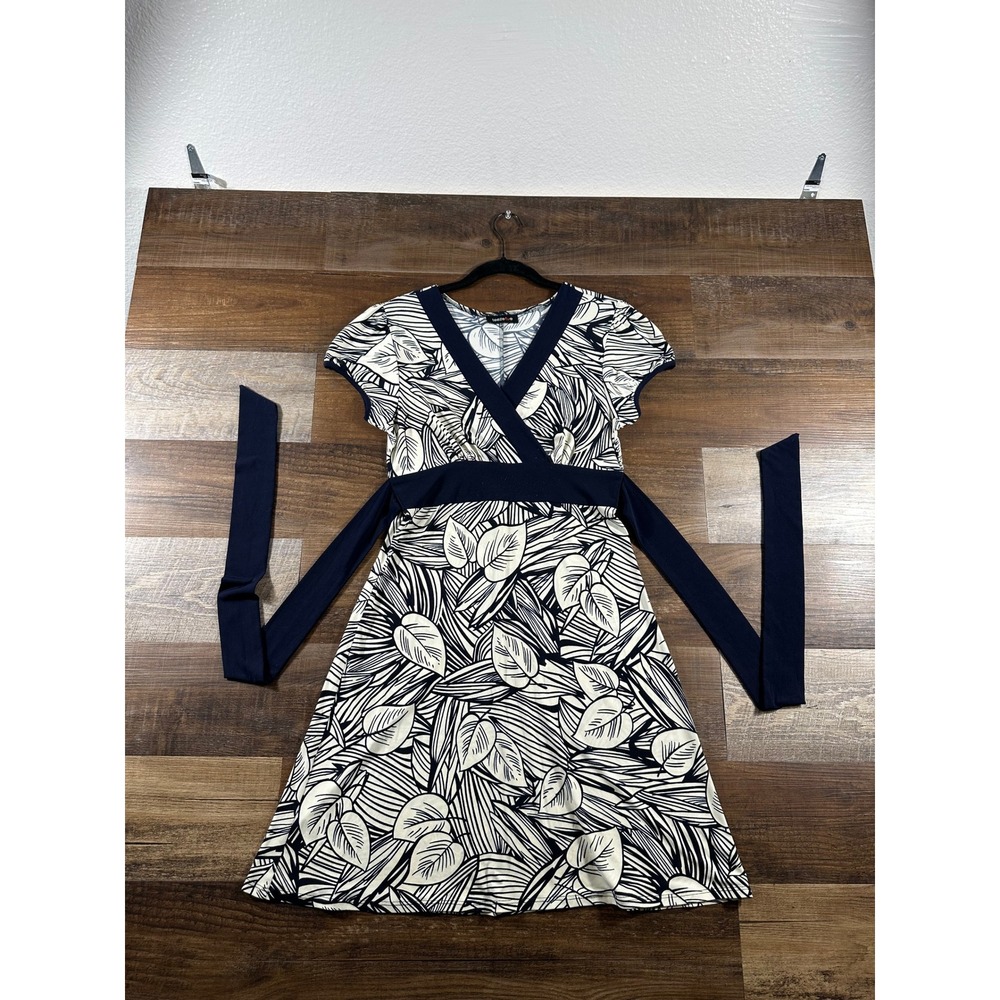 Teeze Me Navy White Tropical Leaf Print Faux Wrap Mini Dress Short Sleeve S